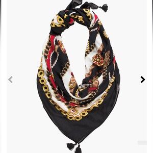 Chicos Status Print 42x42 inch Scarf with Tassels NEW Black Red Gold